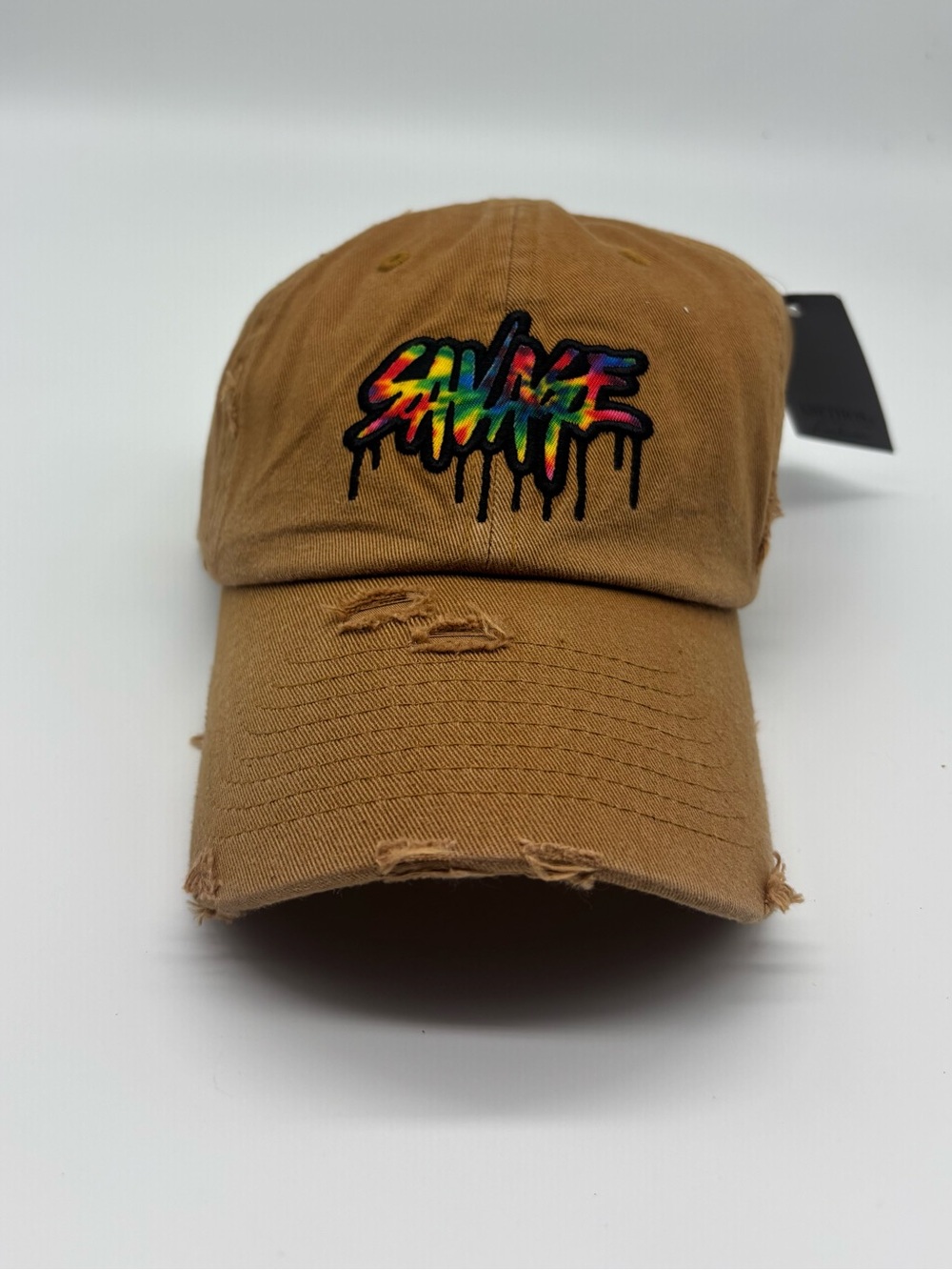 NWT KBETHOS Distressed Tan Baseball Cap with Multicolor Savage Drip Logo
